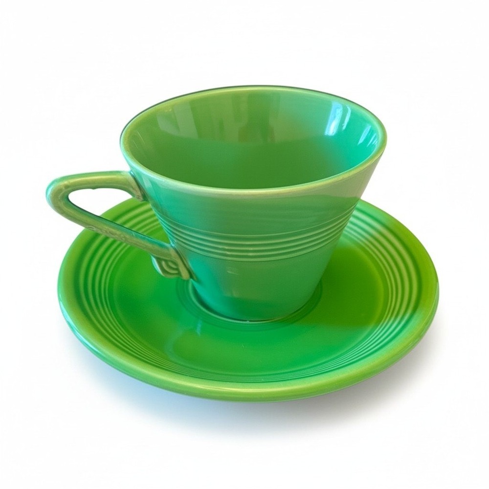Fiesta Shamrock Green Cup and Saucer Set Ceramic Art Deco Ring Handle USA